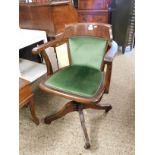 OAK FRAMED OFFICE ARMCHAIR WITH GREEN DRALON UPHOLSTERED SEAT AND BACK