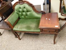REPRODUCTION MAHOGANY TELEPHONE TABLE WITH GREEN UPHOLSTERED SEAT FITTED WITH SINGLE DRAWER