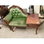 REPRODUCTION MAHOGANY TELEPHONE TABLE WITH GREEN UPHOLSTERED SEAT FITTED WITH SINGLE DRAWER