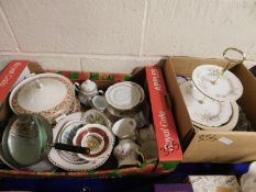 TWO BOXES CONTAINING MIXED CHINA WARES, DINNER WARES, CAKE STAND ETC (2)