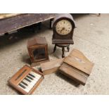 BOX CONTAINING AN OAK FRAMED SMOKER'S CABINET, TABLE TOP HARPSICHORD, J B CRAMER & CO MINIATURE