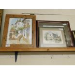 TWO RUSTIC FRAMED WATERCOLOURS OF CONTINENTAL SCENES TOGETHER WITH A FURTHER MILL SCENE AND ONE