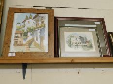 TWO RUSTIC FRAMED WATERCOLOURS OF CONTINENTAL SCENES TOGETHER WITH A FURTHER MILL SCENE AND ONE