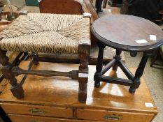 OAK FRAMED RATTAN TOP STOOL TOGETHER WITH A MAHOGANY CIRCULAR TOP STOOL ON THREE TURNED LEGS AND A