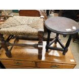 OAK FRAMED RATTAN TOP STOOL TOGETHER WITH A MAHOGANY CIRCULAR TOP STOOL ON THREE TURNED LEGS AND A