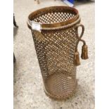 MODERN GILT METAL CIRCULAR STICK STAND WITH GRILLE DETAIL AND TASSELS
