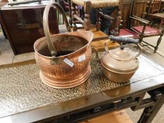 COPPER COAL HELMET AND KETTLE WITH EBONISED HANDLE