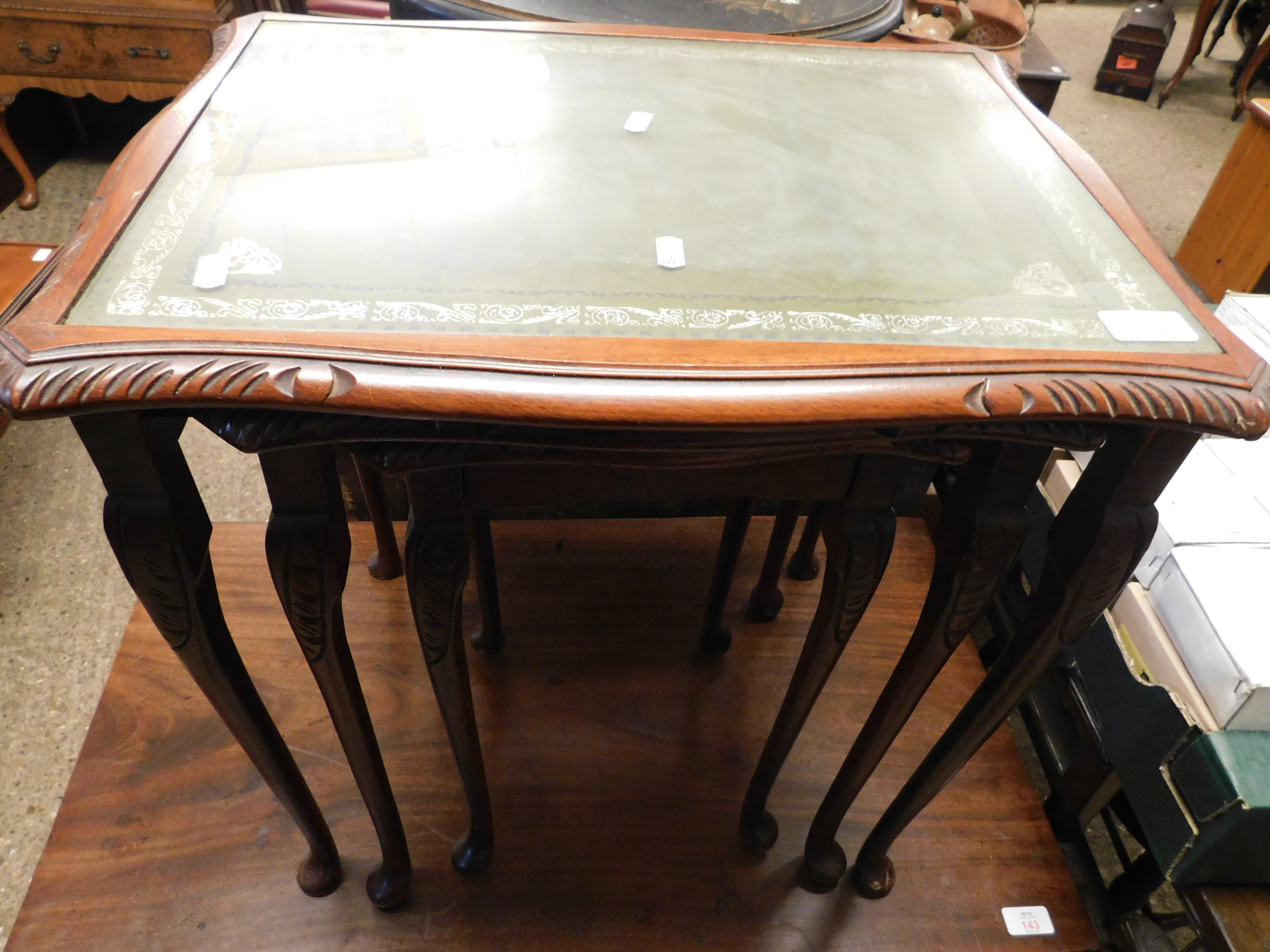 REPRODUCTION MAHOGANY NEST OF THREE TABLES WITH GREEN LEATHER INSERTS