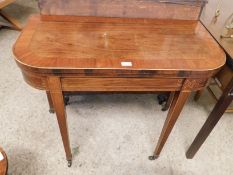 19TH CENTURY WALNUT AND SATINWOOD BANDED FOLD OVER CARD TABLE ON TAPERING SQUARE LEGS