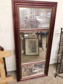 MAHOGANY EFFECT RECTANGULAR WALL MIRROR WITH CENTRAL MIRROR FLANKED EITHER SIDE BY GOLFING PRINTS