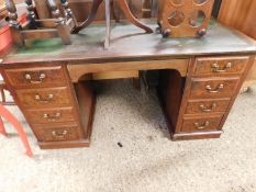 MAHOGANY FRAMED AND WALNUT FRONTED TWIN PEDESTAL DESK WITH GREEN LEATHER INSERT (MADE FROM PERIOD