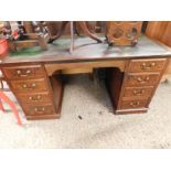 MAHOGANY FRAMED AND WALNUT FRONTED TWIN PEDESTAL DESK WITH GREEN LEATHER INSERT (MADE FROM PERIOD