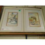 TWO WHITE FRAMED WATERCOLOURS OF STREET SCENES