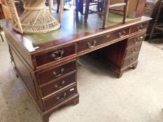 REPRODUCTION MAHOGANY TWIN PEDESTAL DESK WITH NINE DRAWERS WITH BRASS SWAN NECK HANDLES RAISED ON