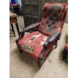 WILLIAM IV MAHOGANY FRAMED ARMCHAIR WITH REEDED FRONT LEGS AND SCROLLING ARMS (NEEDS REUPHOLSTERING)