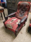 WILLIAM IV MAHOGANY FRAMED ARMCHAIR WITH REEDED FRONT LEGS AND SCROLLING ARMS (NEEDS REUPHOLSTERING)