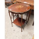FRENCH ROSEWOOD AND MARQUETRY INLAID CIRCULAR TWO TIER TABLE WITH BRASS DETAIL AND BANDING