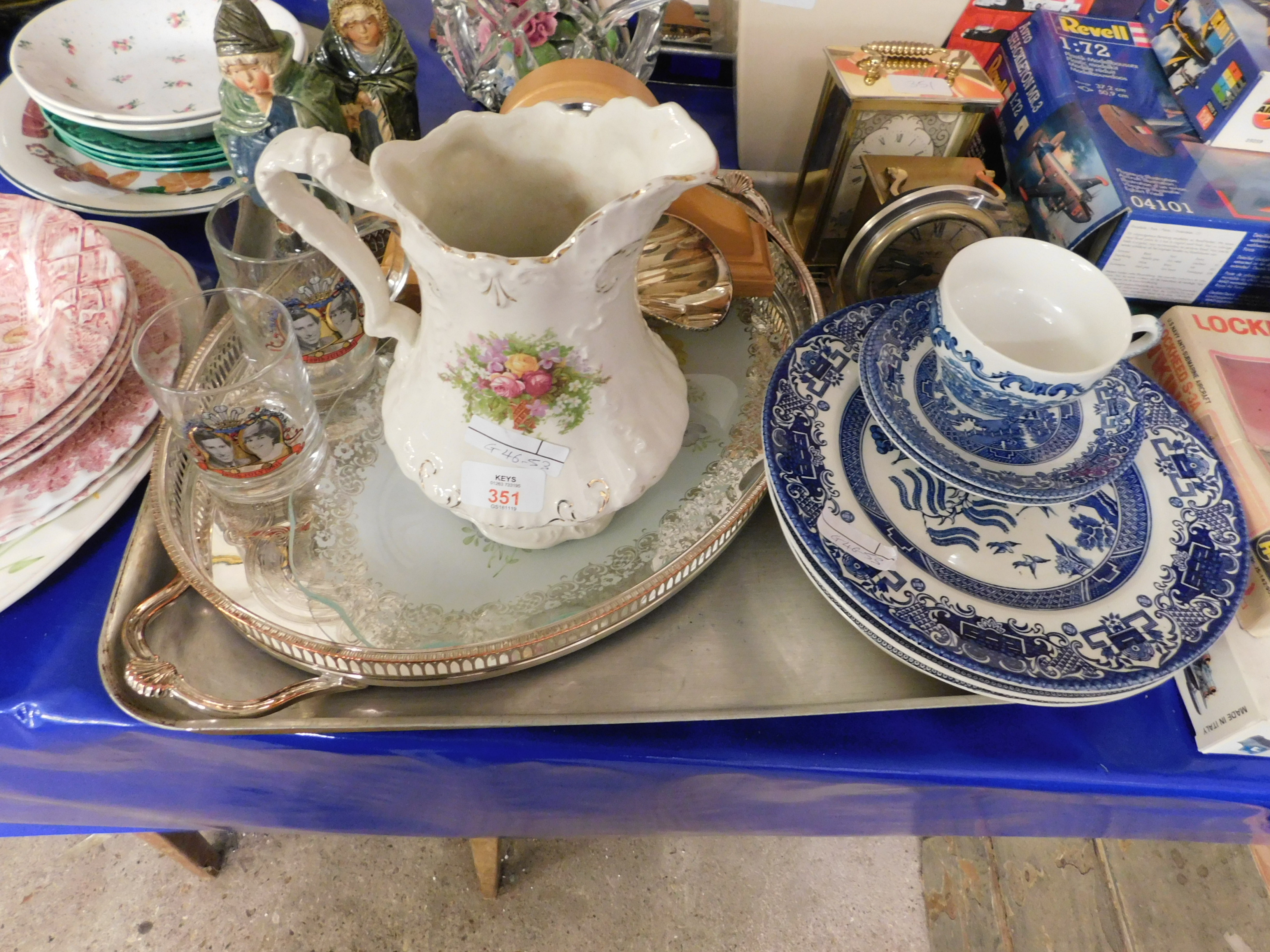 TRAY CONTAINING MIXED CLOCKS, BLUE PRINTED PLATES, CONTINENTAL TERRACOTTA FIGURES ETC