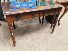 19TH CENTURY MAHOGANY FRAMED DESK WITH BROWN LEATHER INSERT WITH TWO DRAWERS WITH RINGLET HANDLES ON