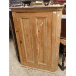 19TH CENTURY PINE WALL MOUNTED CORNER CUPBOARD WITH SINGLE PANELLED DOOR WITH BRASS KNOB HANDLE