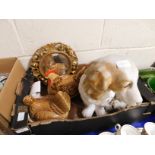 BOX CONTAINING A GILT WALL MIRROR, DOG ORNAMENTS, EGG CROCK ETC