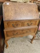 QUEEN ANNE STYLE WALNUT DROP FRONTED BUREAU WITH TWO DRAWERS OVER FULL WIDTH DRAWER ON SHAPED PAD