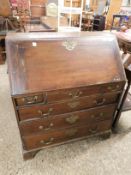 LATE 18TH CENTURY OAK FRAMED DROP FRONTED BUREAU WITH FITTED INTERIOR WITH THREE DRAWERS OVER