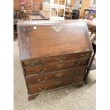 LATE 18TH CENTURY OAK FRAMED DROP FRONTED BUREAU WITH FITTED INTERIOR WITH THREE DRAWERS OVER