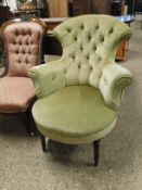 GREEN VELOUR BUTTON BACK ARMCHAIR ON REEDED LEGS