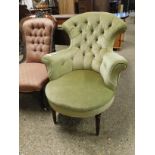 GREEN VELOUR BUTTON BACK ARMCHAIR ON REEDED LEGS