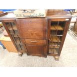 MID-20TH CENTURY OAK FRAMED BUREAU BOOKCASE CENTRALLY FITTED WITH DROP FRONT WITH SINGLE DRAWER