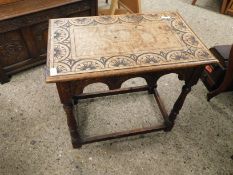 EARLY 20TH CENTURY OAK FRAMED RECTANGULAR SIDE TABLE WITH HALF CARVED MOON TOP