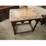 EARLY 20TH CENTURY OAK FRAMED RECTANGULAR SIDE TABLE WITH HALF CARVED MOON TOP