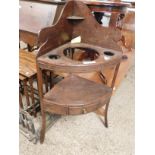 GEORGIAN MAHOGANY CORNER WASH STAND WITH CIRCULAR INLET WITH OPEN SHELF WITH SINGLE DRAWER AND BRASS