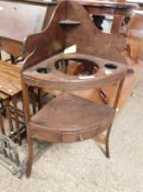 GEORGIAN MAHOGANY CORNER WASH STAND WITH CIRCULAR INLET WITH OPEN SHELF WITH SINGLE DRAWER AND BRASS