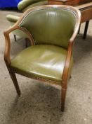 BEECHWOOD FRAMED OFFICE CHAIR WITH GREEN LEATHERETTE SEAT AND BACK WITH BUTTON DETAIL ON TAPERING