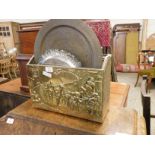 PRESSED BRASS MAGAZINE RACK WITH INDIAN ETCHED TRAY, TWO SILVER PLATED TRAYS ETC