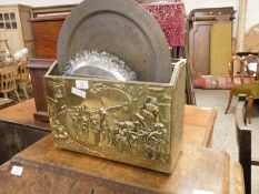 PRESSED BRASS MAGAZINE RACK WITH INDIAN ETCHED TRAY, TWO SILVER PLATED TRAYS ETC