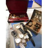 BOX CONTAINING MIXED POSTCARDS, COINAGE, COSTUME JEWELLERY, WATCHES ETC