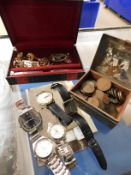 BOX CONTAINING MIXED POSTCARDS, COINAGE, COSTUME JEWELLERY, WATCHES ETC
