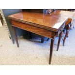 GEORGIAN MAHOGANY FOLD OVER TEA TABLE WITH SINGLE DRAWER TO END ON TAPERING SQUARE LEGS