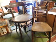 ELM HARD SEATED BAR BACK CHILD'S CHAIR TOGETHER WITH A PENNY PRESS SEATED BENTWOOD ARMCHAIR (2)