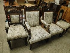 LATE VICTORIAN OAK PART CAMEO SUITE COMPRISING GENT'S AND LADIES CHAIRS AND SIX MATCHING DINING