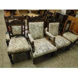 LATE VICTORIAN OAK PART CAMEO SUITE COMPRISING GENT'S AND LADIES CHAIRS AND SIX MATCHING DINING