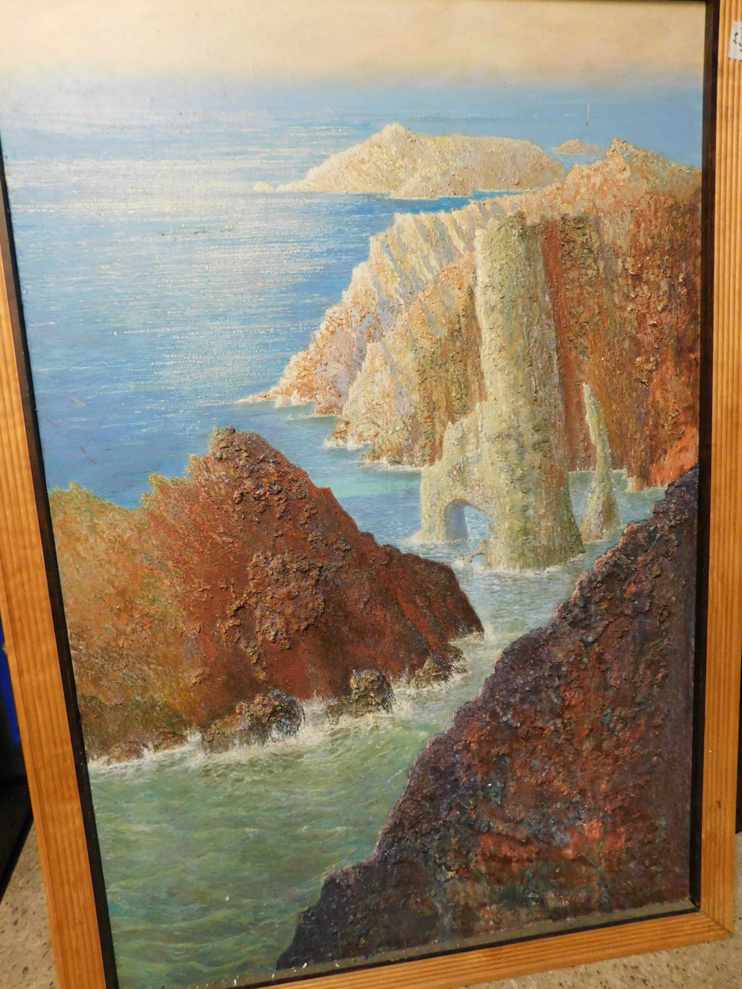 EXTREMELY LARGE PINE FRAMED OIL OF A ROCKY COASTAL SCENE