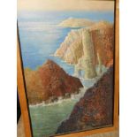 EXTREMELY LARGE PINE FRAMED OIL OF A ROCKY COASTAL SCENE