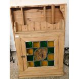 PINE FRAMED WALL MOUNTED CABINET WITH STAINED GLASS DOOR AND A FURTHER TWO TIER WALL MOUNTED