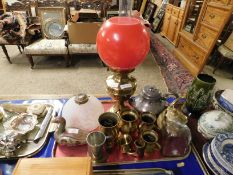 BRASS OIL LAMP, FURTHER TANKARDS, MOTTLED SHADE ETC