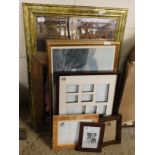 GILT FRAMED WALL MIRROR, ASSORTED PICTURE FRAMES, PRINTS ETC