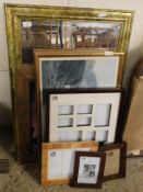 GILT FRAMED WALL MIRROR, ASSORTED PICTURE FRAMES, PRINTS ETC
